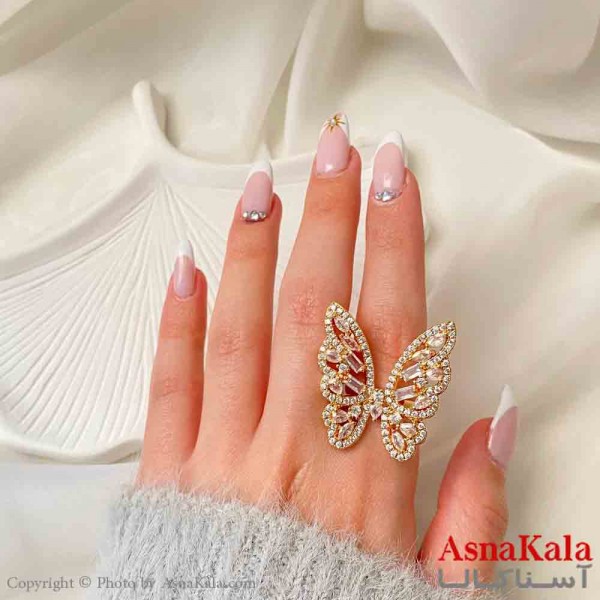 انگشتر زنانه استیل مینیمال مدل پروانه نگیندار مدرن فری سایز  رنگ طلایی کد ANG19866W