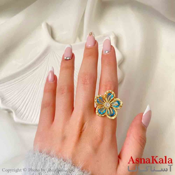 انگشتر زنانه استیل مینیمال مدل گل نگین آبی فری سایز رنگ طلایی کد ANG19869W