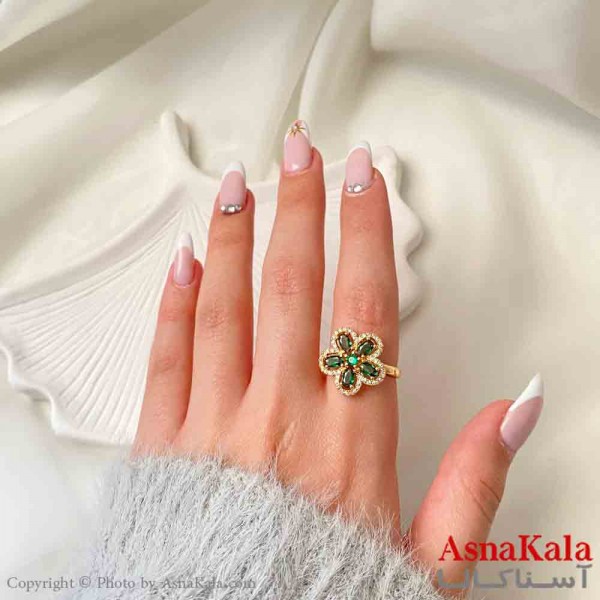 انگشتر زنانه YSX مدل گل نگیندار سبز مدرن فری سایز  رنگ طلایی کد ANG19872W