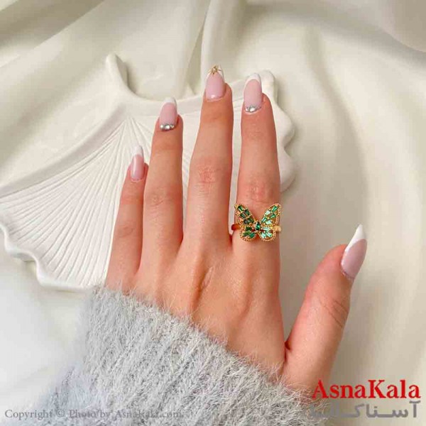 انگشتر زنانه YSX مینیمال مدل پروانه ریز نگیندار سبز فری سایز  رنگ طلایی کد ANG19885W