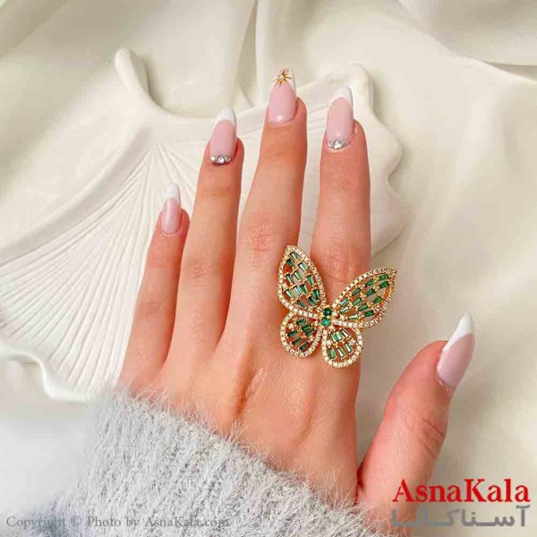 انگشتر زنانه YSX مینیمال مدل پروانه نگیندار بزرگ سبز ترند فری سایز رنگ طلایی کد ANG19892W