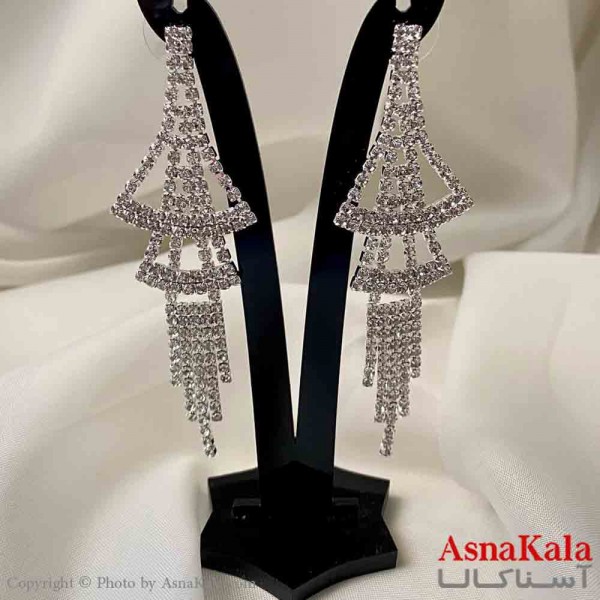 گوشواره دخترانه مدل آویز جواهری مدل دو نیم دایره رنگ نقره ای کد GSH151941W