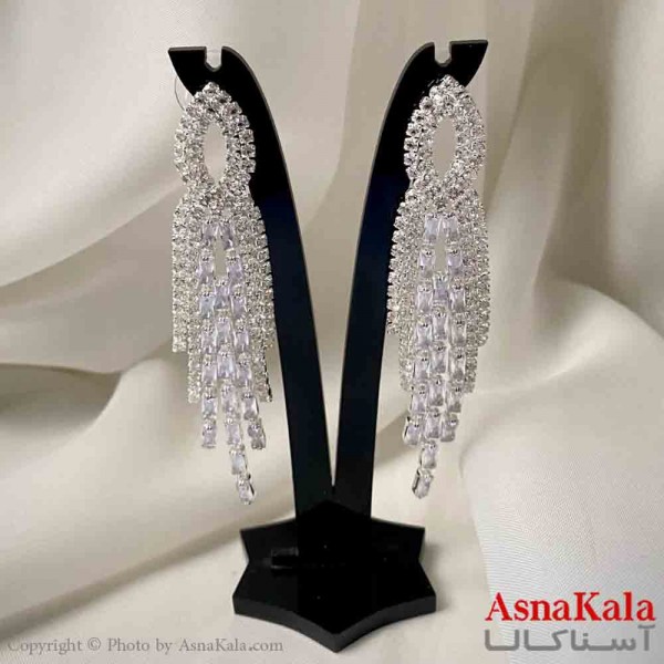 گوشواره دخترانه مدل آویز جواهری مدل اشک ریسه ای رنگ نقره ای کد GSH151964W