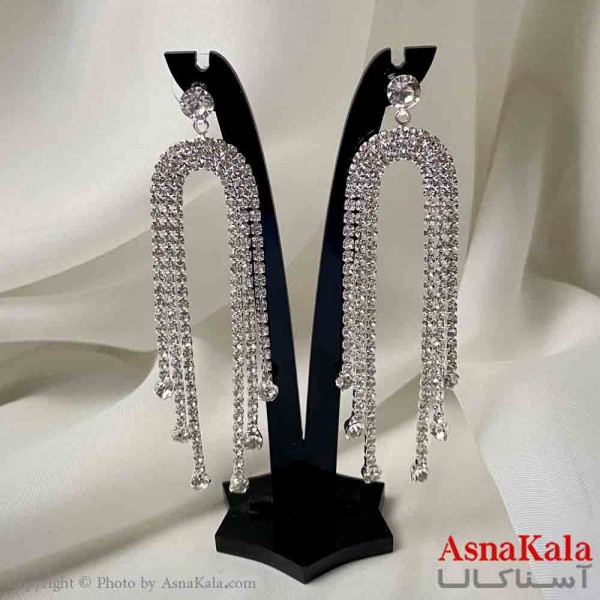 گوشواره دخترانه مدل آویز جواهری مدل تک نگین ریسه ای رنگ نقره ای کد GSH151966W