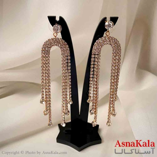 گوشواره دخترانه مدل آویز جواهری مدل تک نگین ریسه ای رنگ طلایی کد GSH151967W