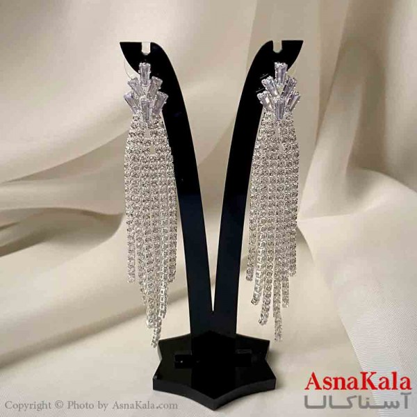 گوشواره دخترانه مدل آویز جواهری مدل گندمی ریسه ای رنگ نقره ای کد GSH151968W