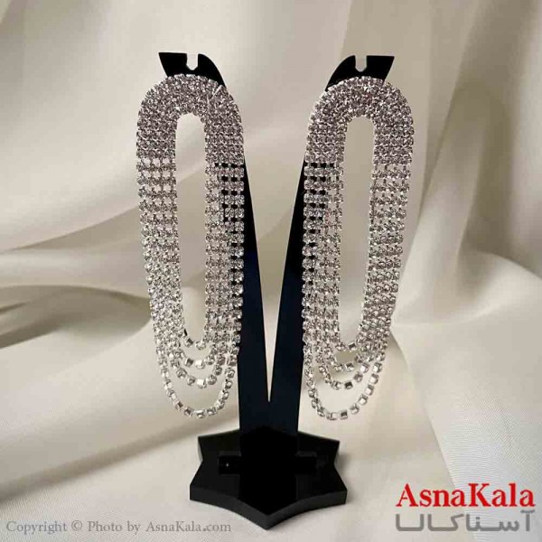 گوشواره استیل شیک دخترانه مدل آویز جواهری مدل بیضی رنگ نقره ای کد GSH151970W