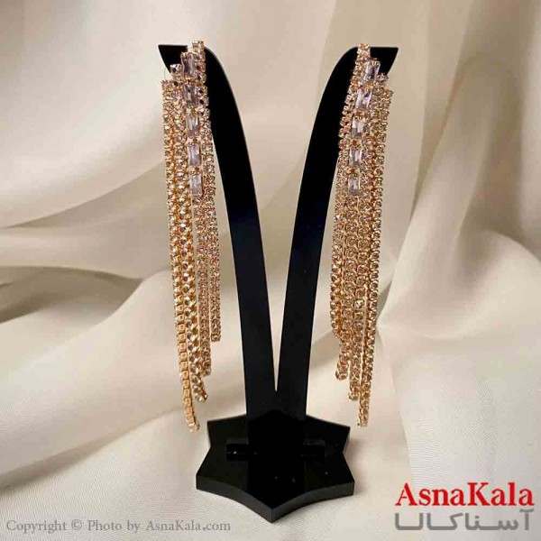 گوشواره دخترانه مدل آویز جواهری مدل ریسه ای نگیندار رنگ طلایی کد GSH151972W