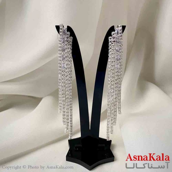 گوشواره دخترانه مدل آویز جواهری مدل ریسه ای نگیندار رنگ نقره ای کد GSH151973W