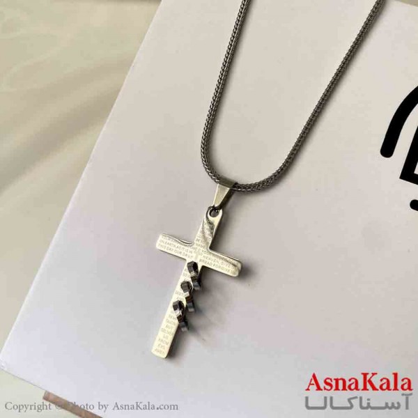 گردنبند اسپورت مدل صلیب و سه حلقه  استیل رنگ نقره ای کد GNB161855W