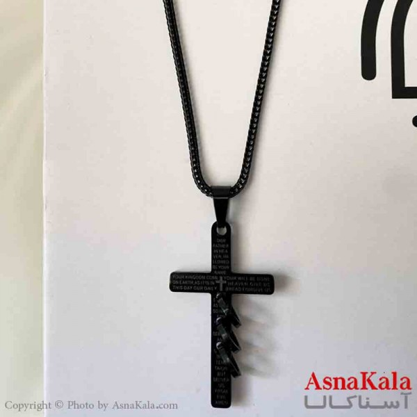 گردنبند اسپورت مدل صلیب و سه حلقه  استیل رنگ مشکی کد GNB161856W