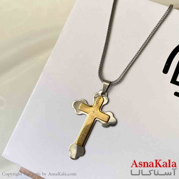 گردنبند اسپورت مدل صلیب سه بعدی استیل  رنگ طلایی کد GNB161865W