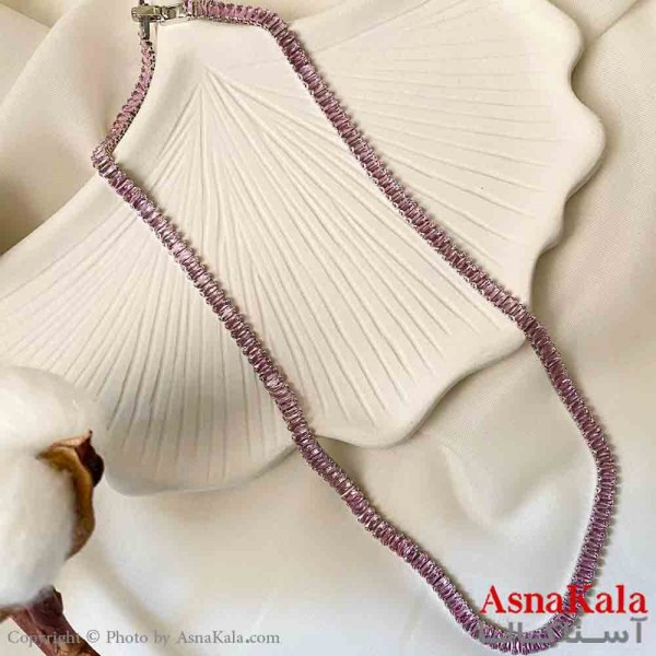 گردنبند اسپورت مدل کارتیر تنیسی نگین باگت استیل نگین صورتی رنگ نقره ای کد GNB161895W