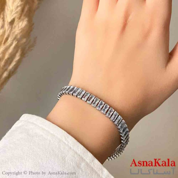 دستبند دخترانه پینترستی استیل تنیسی نگین باگت رنگ نقره ای کد DSB181428W