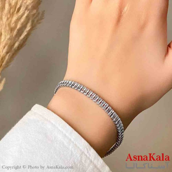 دستبند دخترانه پینترستی استیل تنیسی نگین مستطیل رنگ نقره ای کد DSB181430W
