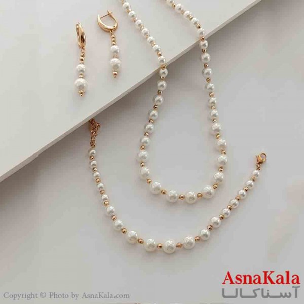 نیم ست زنانه مروارید ژوپینگ شامل گوشواره و گردنبند و دستبند رنگ طلایی کد NIM141018W
