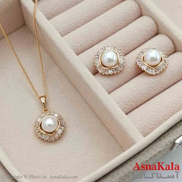 نیم ست زنانه مروارید ژوپینگ شامل گوشواره و گردنبند رنگ طلایی کد NIM141030W