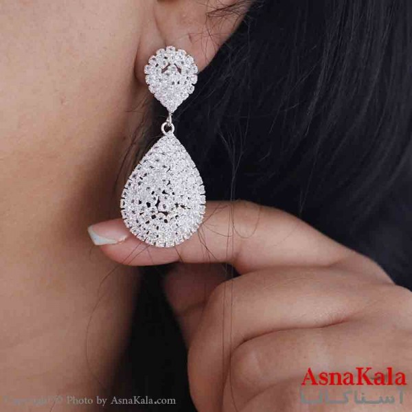 گوشواره جواهری مدل آویز نگیندار رنگ نقره ای کد GSH151975W