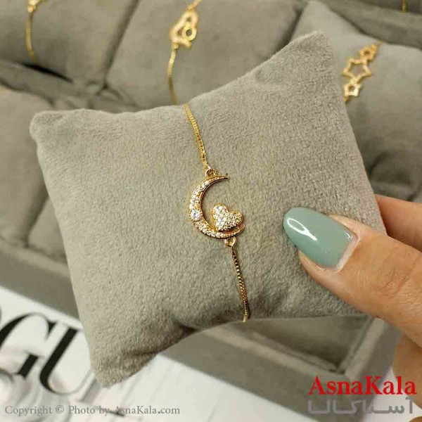 دستبند آسانسوری استیل طلایی طرح قلب و ماه کد DSB181498W
