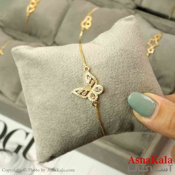 دستبند آسانسوری استیل طلایی طرح پروانه کد DSB181504W