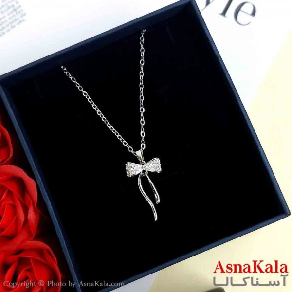 گردنبند جواهری پاپیون نقره ای دخترانه استیل با طول 45 سانتی متر کد GNB161915W