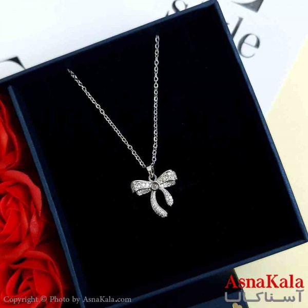 گردنبند پاپیون نقره ای دخترانه استیل با طول 45 سانتی متر کد GNB161937W
