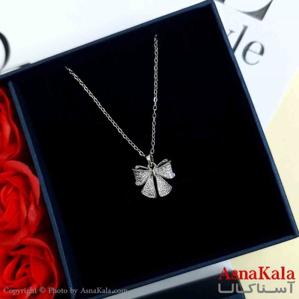 گردنبند پاپیون نقره ای دخترانه استیل با طول 45 سانتی متر کد GNB161938W