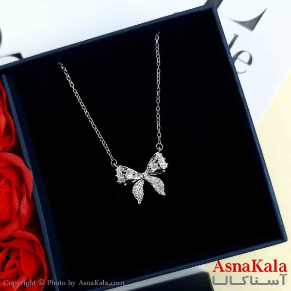 گردنبند پاپیون نقره ای دخترانه استیل با طول 45 سانتی متر کد GNB161939W