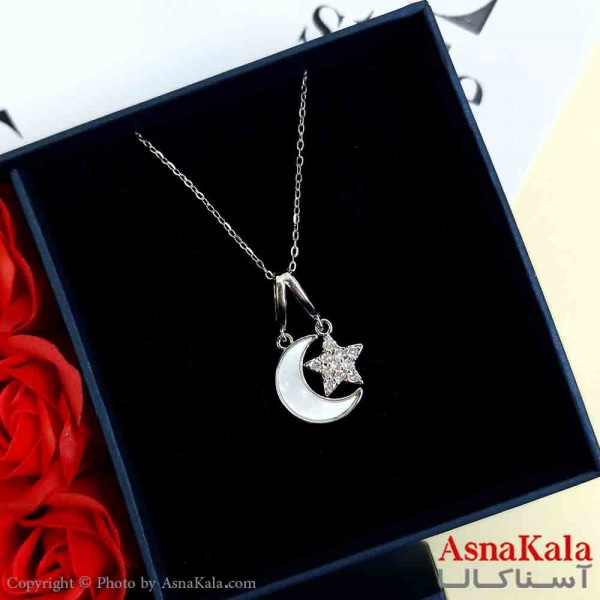 گردنبند ماه و ستاره نقره ای دخترانه استیل با طول 45 سانتی متر کد GNB161942W