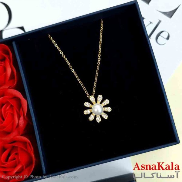 گردنبند گل و مروارید طلایی دخترانه استیل با طول 45 سانتی متر کد GNB162004W