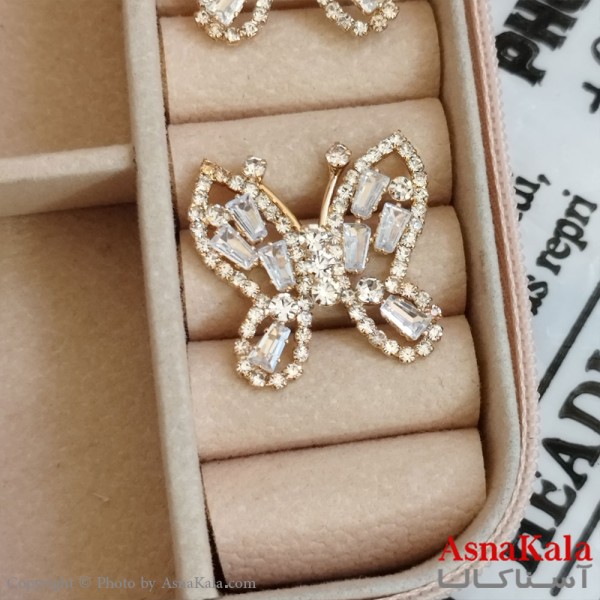 گوشواره پروانه جواهری مدل آویز نگیندار رنگ طلایی کد GSH152072W