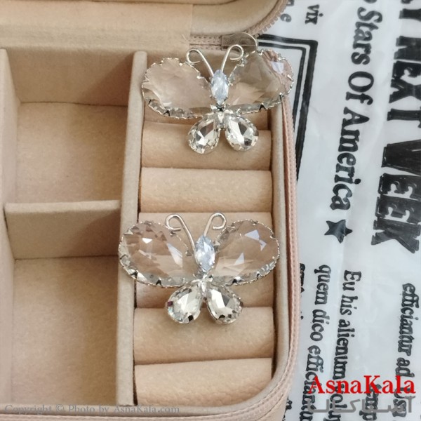 گوشواره پروانه جواهری مدل آویز نگیندار رنگ نقره ای کد GSH152108W