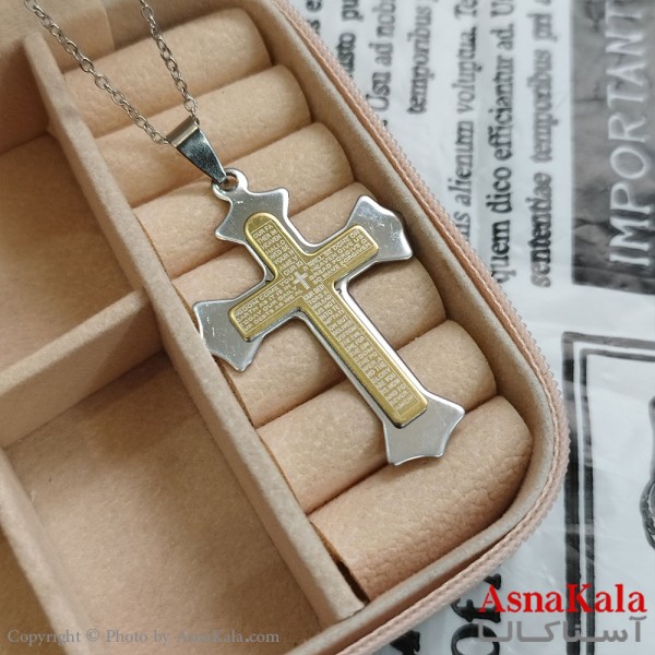 آویز گردنبند مردانه صلیب رنگ نقره ای کد GNB162289W