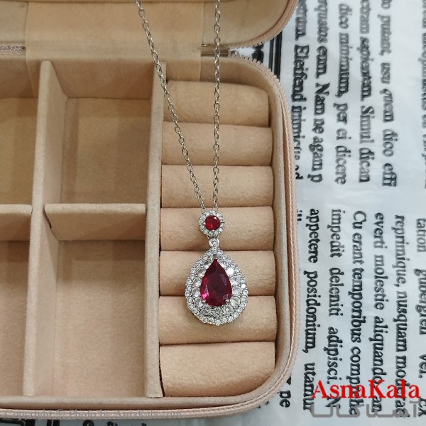 گردنبند استیل زنانه قطره  جواهری نگین قرمز کد GNB162359W