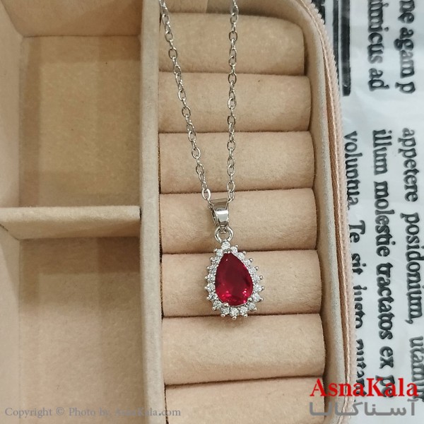 گردنبند استیل زنانه جواهری نگین قرمز کد GNB162365W