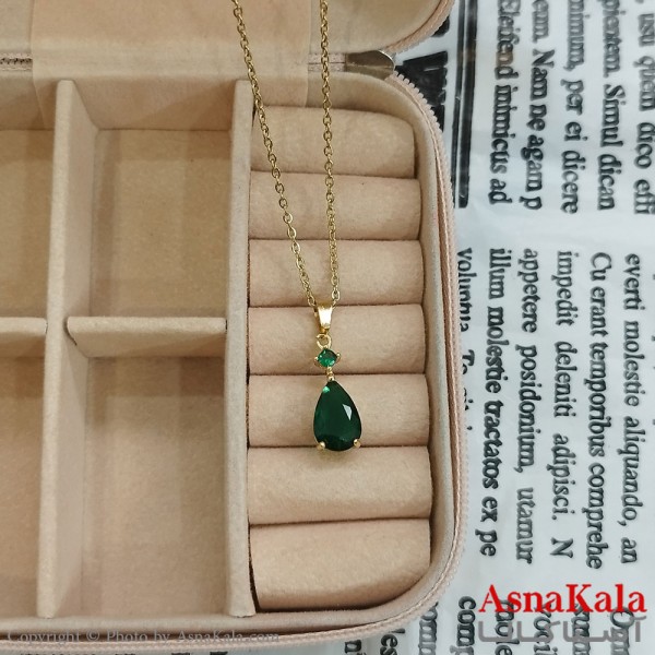 گردنبند استیل زنانه نگین سبز کد GNB162370W