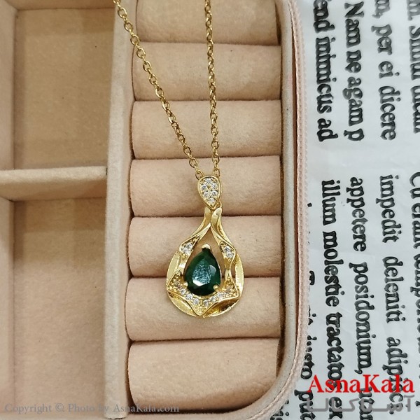 گردنبند استیل زنانه اشک  نگین سبز کد GNB162384W