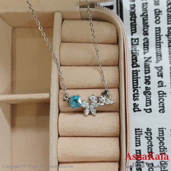 گردنبند استیل زنانه پروانه نگین آبی کد GNB162386W