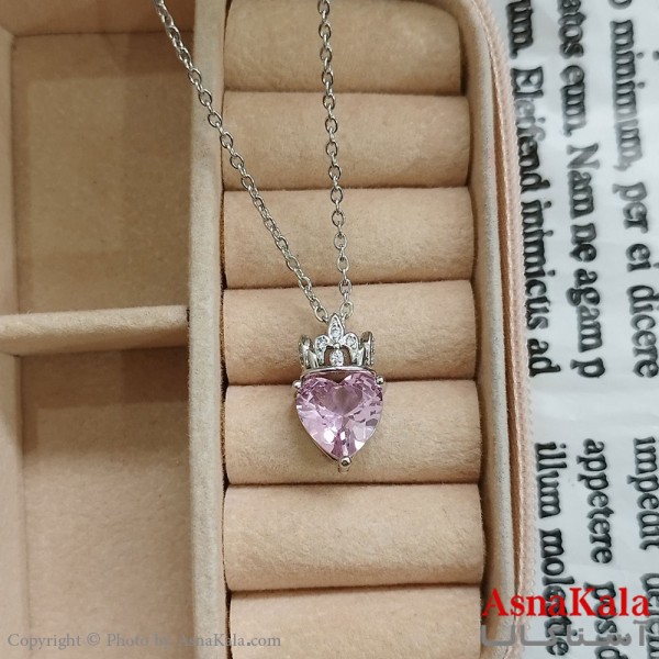 گردنبند استیل زنانه تاج و قلب نگین صورتی کد GNB162387W