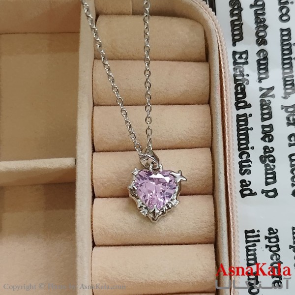 گردنبند استیل زنانه قلب و ستاره نگین صورتی کد GNB162388W