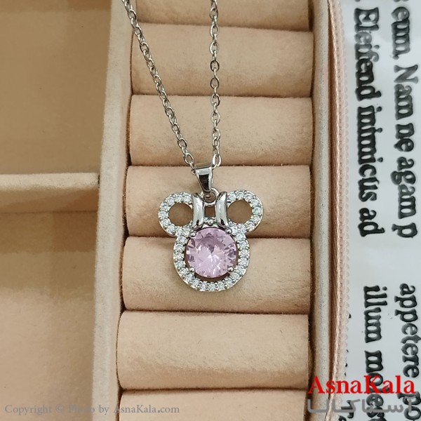 گردنبند استیل زنانه خرسی نگین صورتی کد GNB162391W