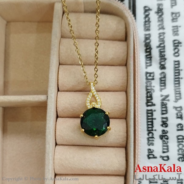 گردنبند استیل زنانه تک نگین سبز کد GNB162396W