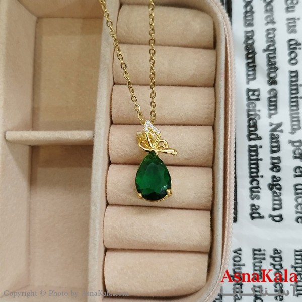گردنبند استیل زنانه اشک و پروانه نگین سبز کد GNB162398W