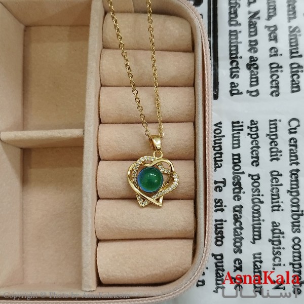 گردنبند استیل زنانه دوقلب نگین سبز کد GNB162399W