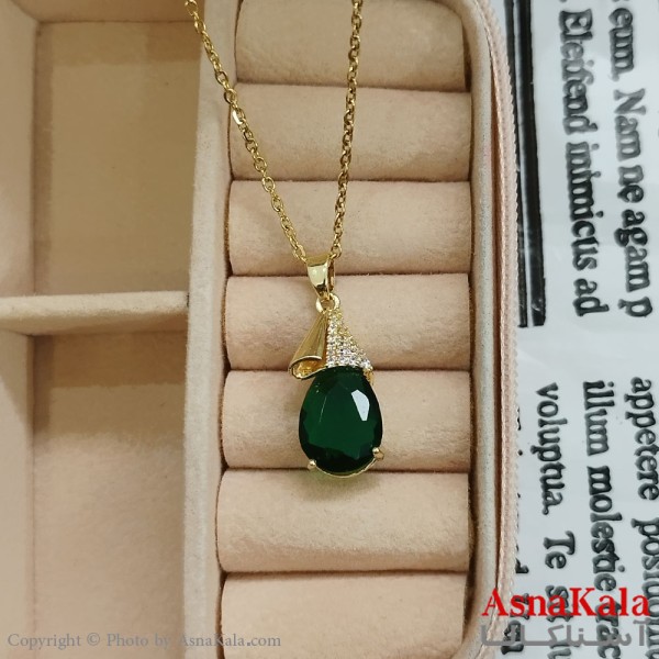 گردنبند استیل زنانه اشک نگین سبز کد GNB162401W