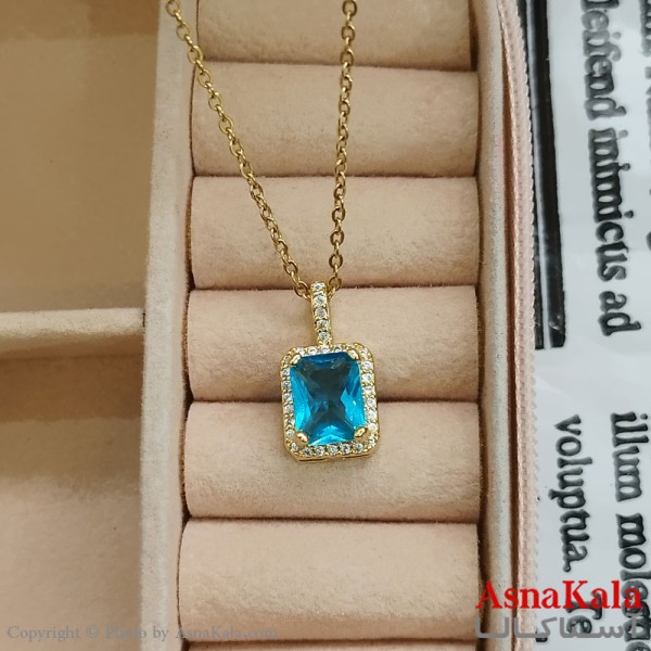 گردنبند استیل زنانه مربع نگیندار نگین فیروزه ای کد GNB162403W