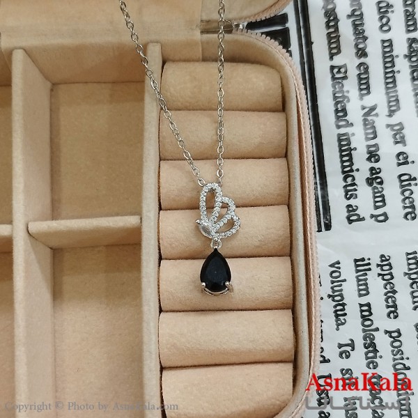 گردنبند استیل زنانه پروانه نگیندار و اشک نگین مشکی کد GNB162407W