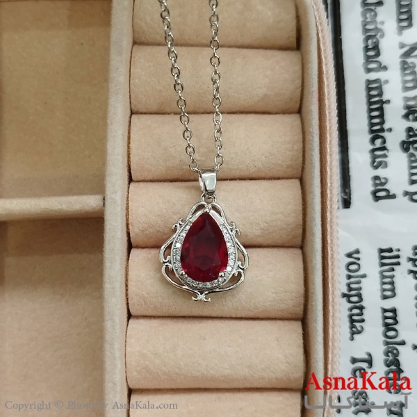 گردنبند استیل زنانه اشک نگیندار نگین قرمز کد GNB162410W