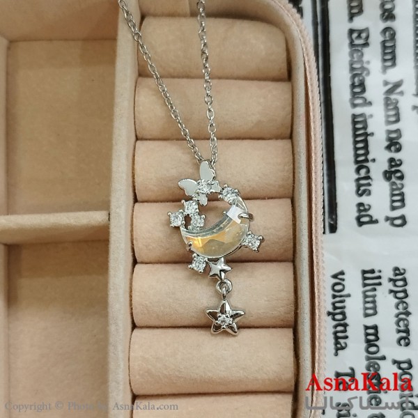 گردنبند استیل زنانه ماه و ستاره نگین سفید کد GNB162412W