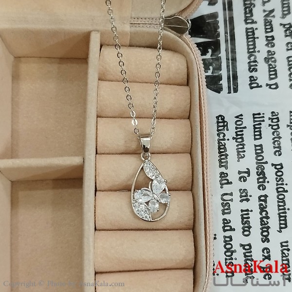 گردنبند استیل زنانه پروانه و اشک جواهری  نگین سفید  کد GNB162423W